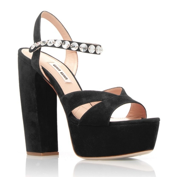 Miu Miu Jeweled Strap Suede Platform Sandal - Picture 2 of 6